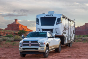 truck and RV in desert landscape