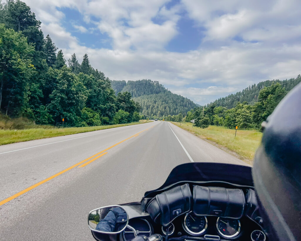 Motorcycle rider on road with trees and mountains