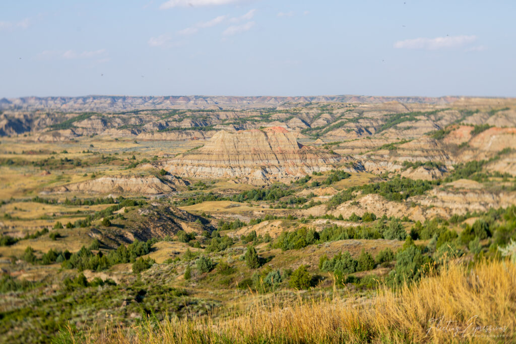 A rugged landscape with deep canyons, layered rock formations, and sparse vegetation. The sky is blue with scattered clouds, and the sunlight is bright across the uneven terrain.