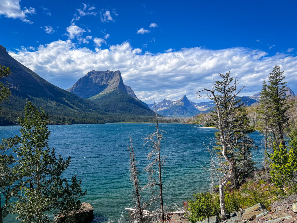 Mountain view across the lake on a hiking trail.