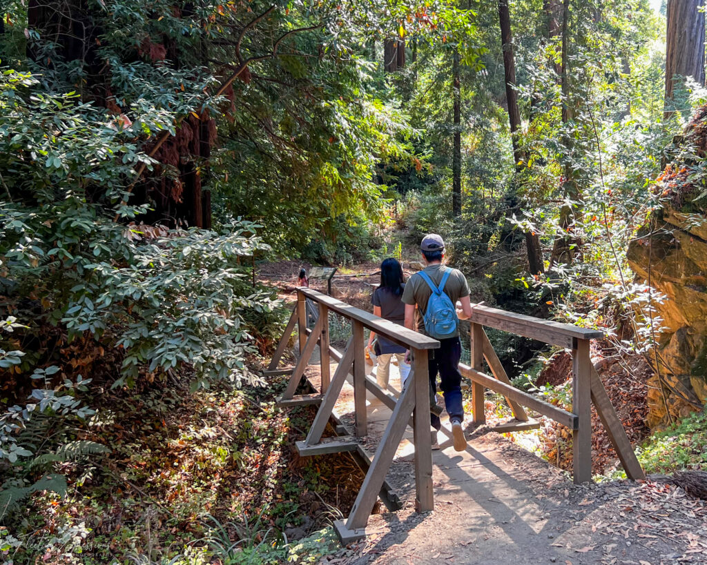 family crossing a bridge on hiking trail