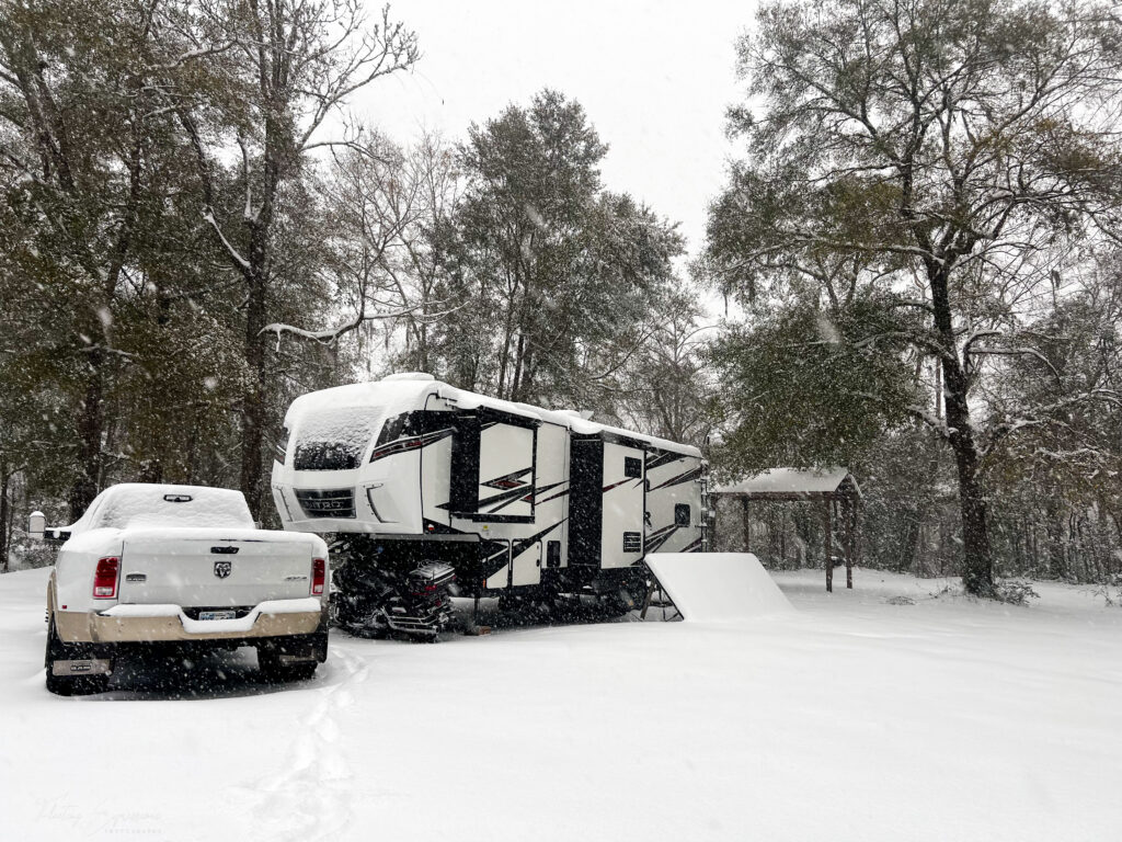 RV trailer in snow